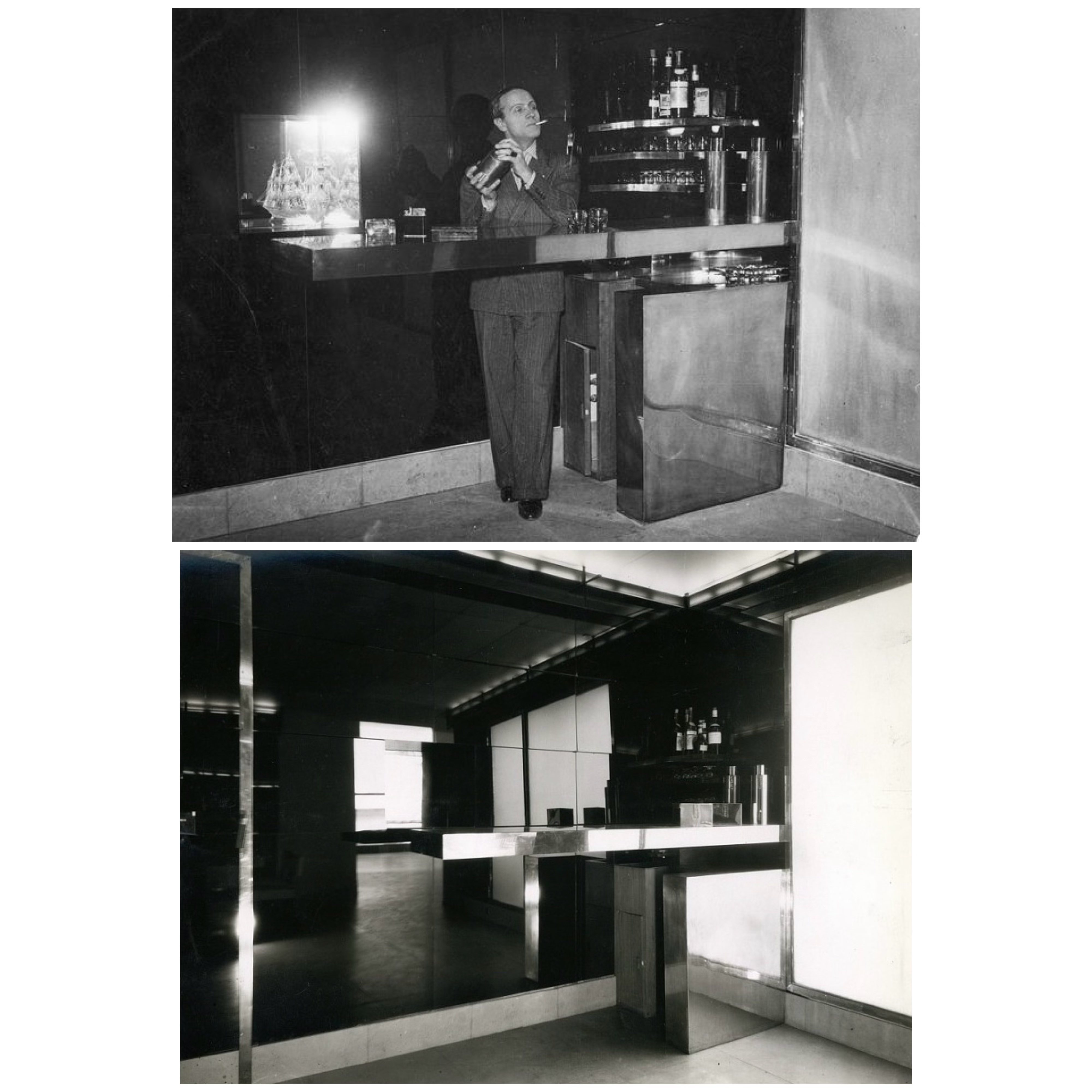 Two photos, 1920s style, black and white. Bar made of glass or mirror. in the first photo a man in a suit stands behind the bar shaking a cocktail shaker with a cigarett in his mouth.