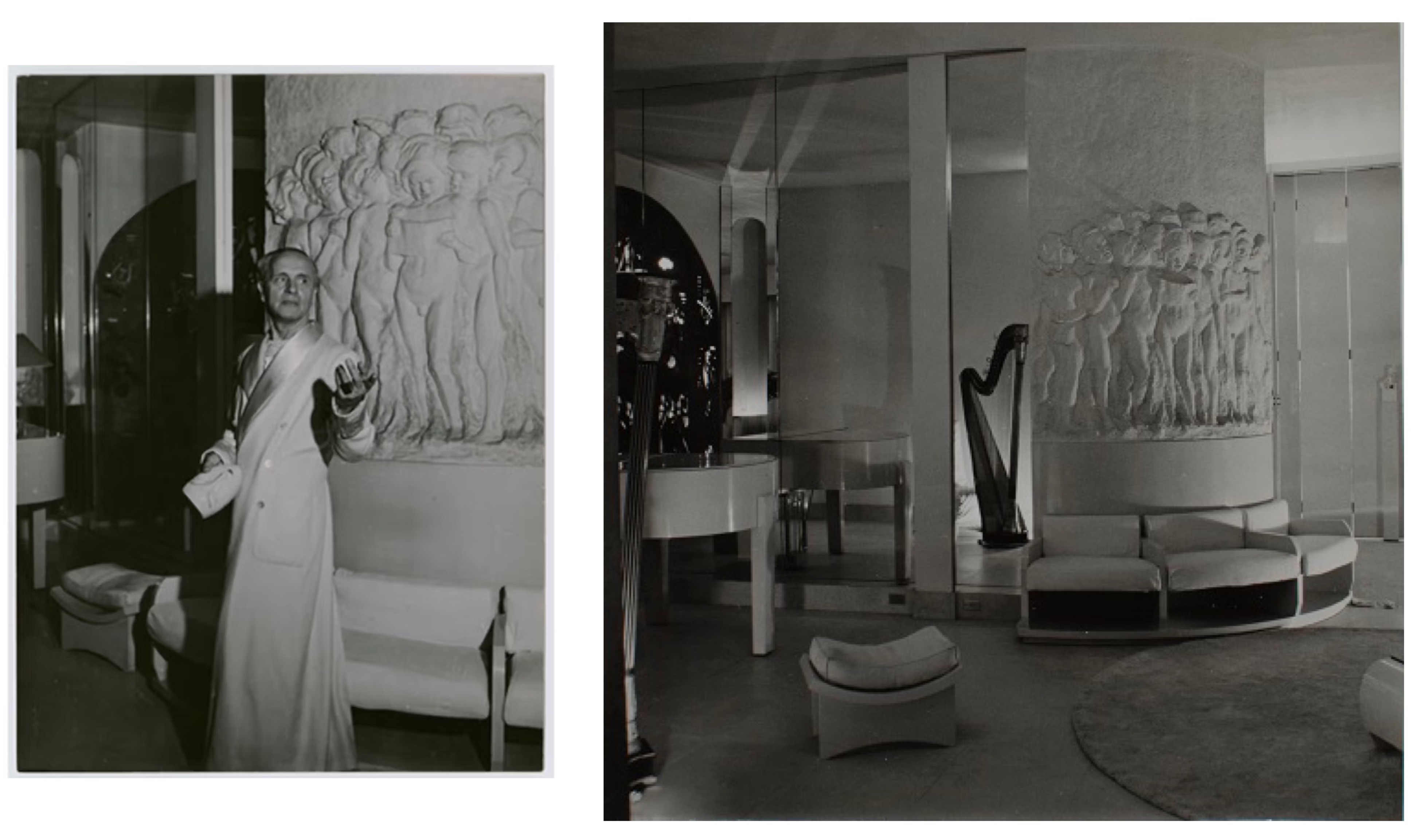 Man in white smoking style robe standing in front of a wall frieze in a living room. A harp is seen in the background. Balck- and white photo. 1920s style.