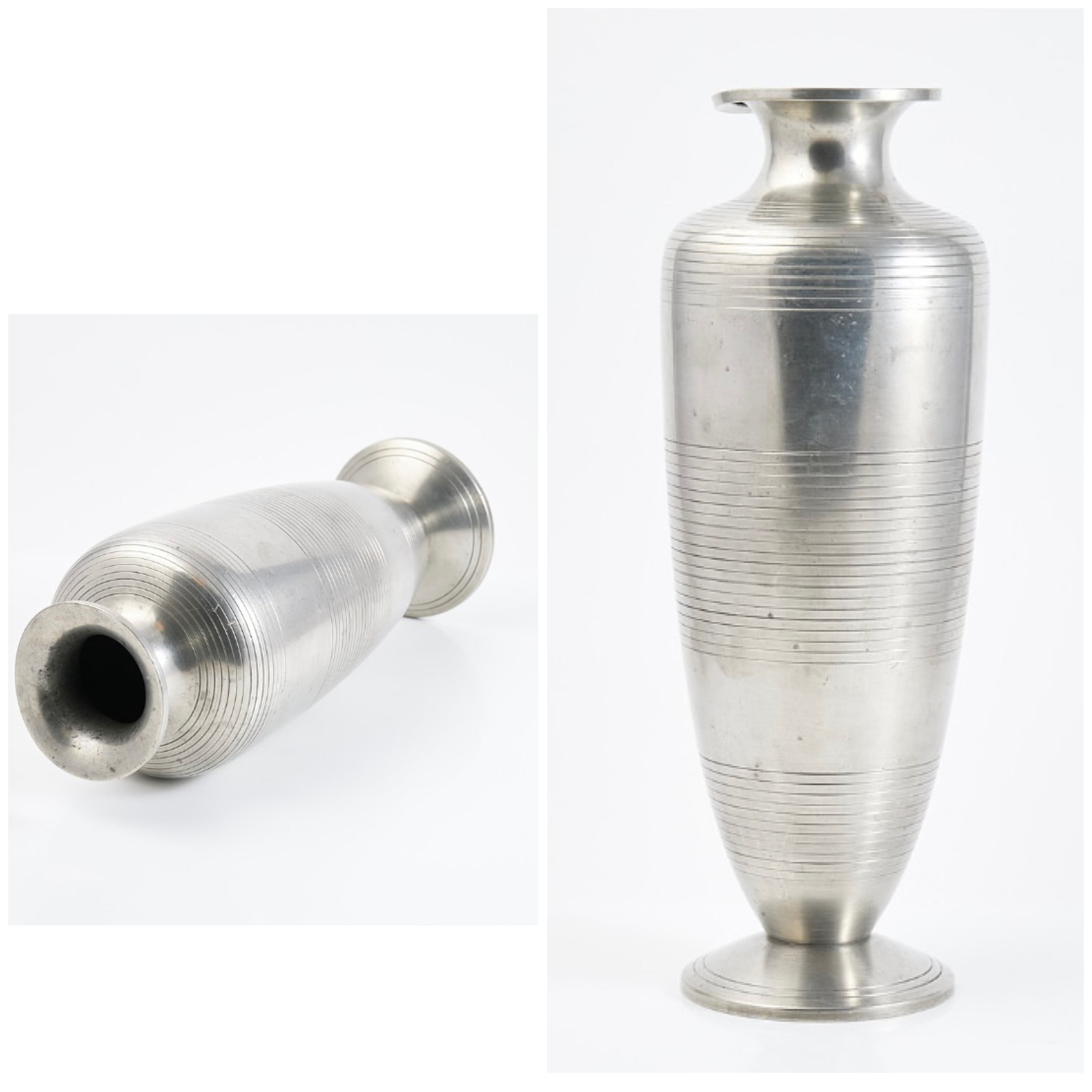 Metalwork vase seen from two directions by Sylvia Stave.
