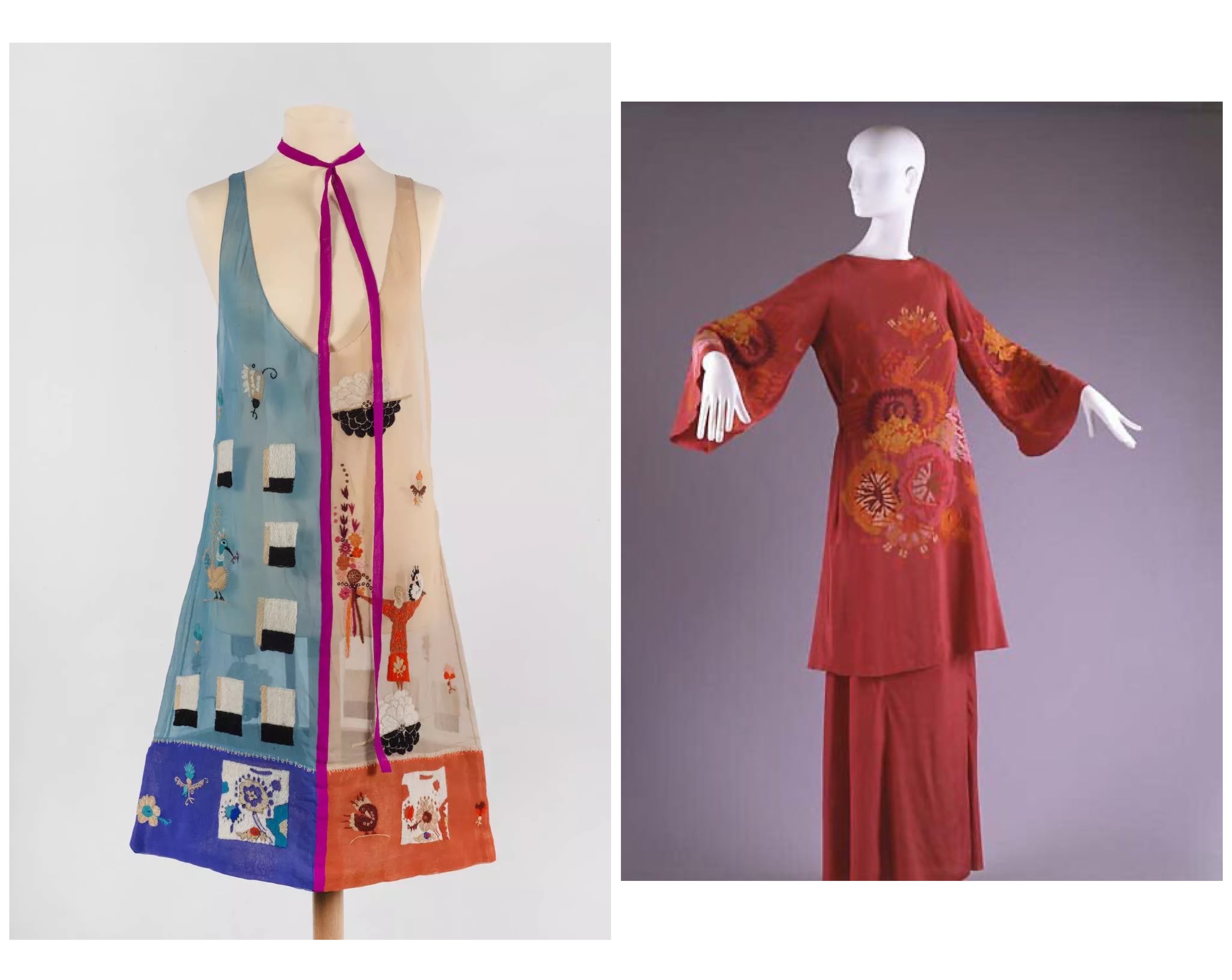 Sleeveless dress with two contrasting sides on the left and red dress with long sleeves on mannequin on the right.