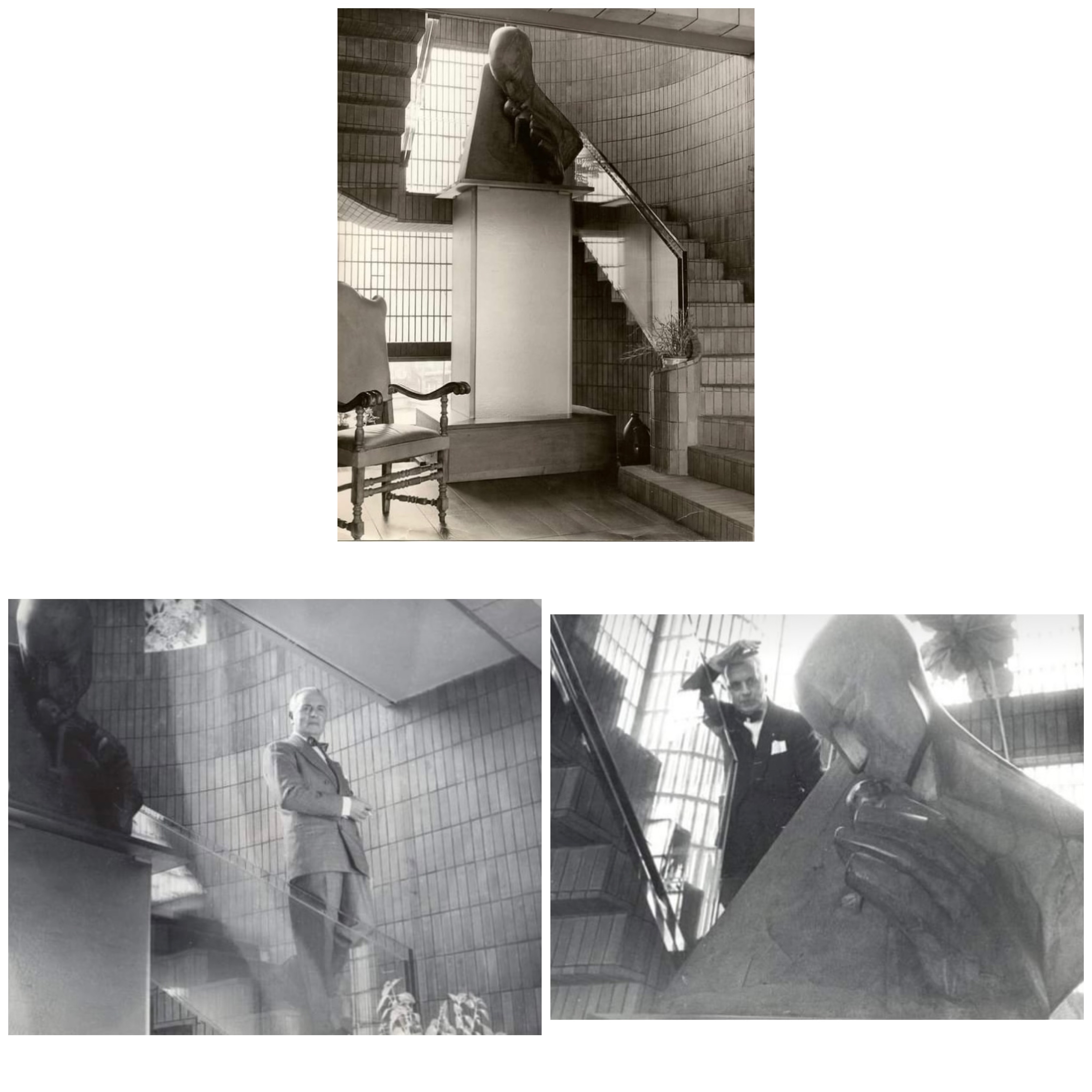 Three photos of hallway and stairs that is lightened by glass brick walls.  The stairs is made of glass. On two photos a man stand on the stairs. On the third he is almost hidden by a big modern art statue.