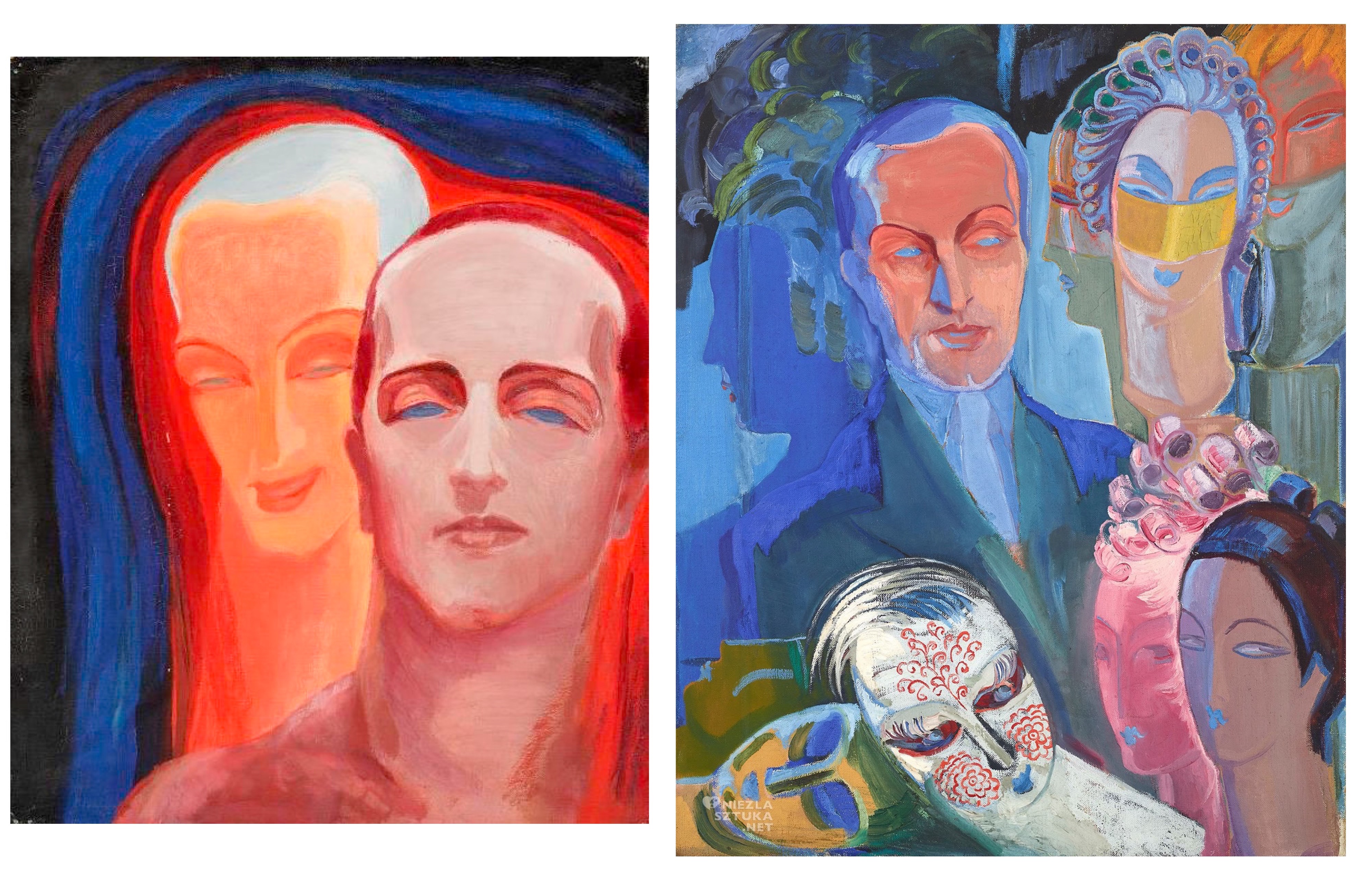 Two colourful oil paintings with the faces of man, Antoine de Paris.