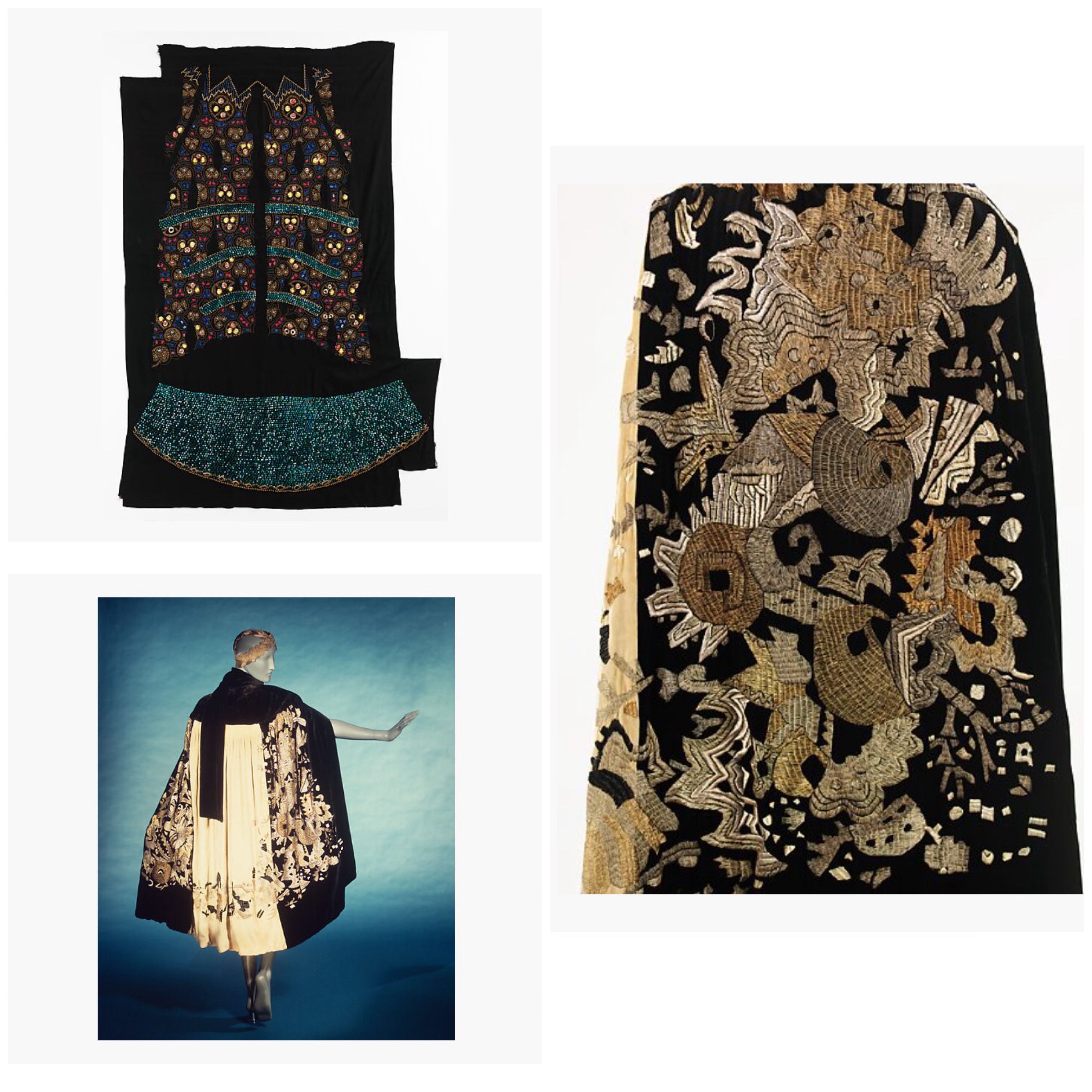 Dress and cape. Close-up of the print in the cape.