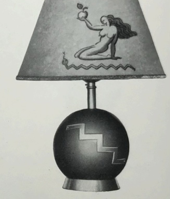Metalwork lamp by Sylvia Stave. Bottom part in blackened wood with metal pattern. Sketch from catalogue.