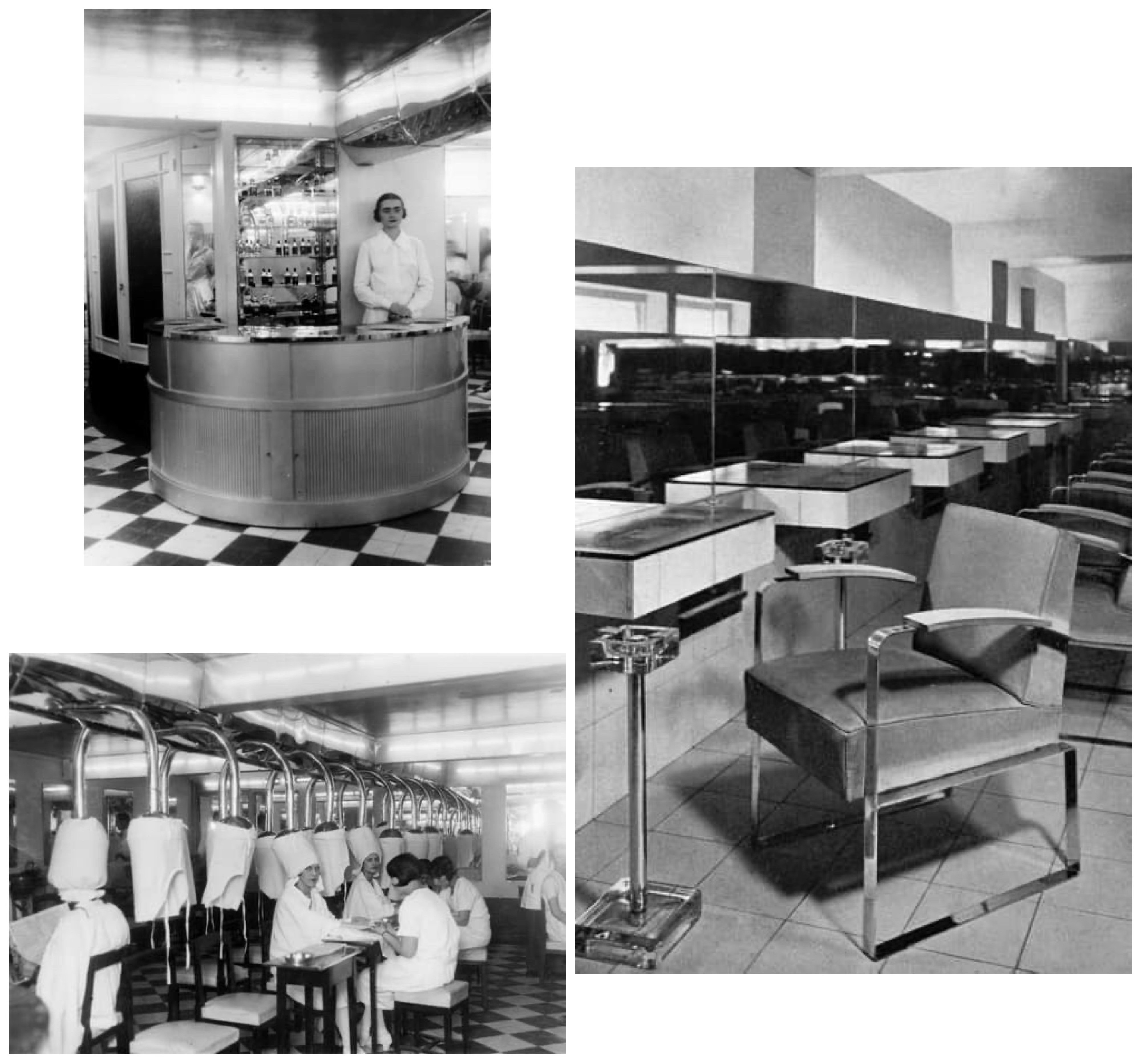 Three photos of a salon interior, black and white photos, 1920s style. First, woman standing behind a customer counter. Second, women in a long rowhave their hair blow-dried while they also get a manicure. Third, salon chair in front a mirror with a pedestal ashtray in crystal.