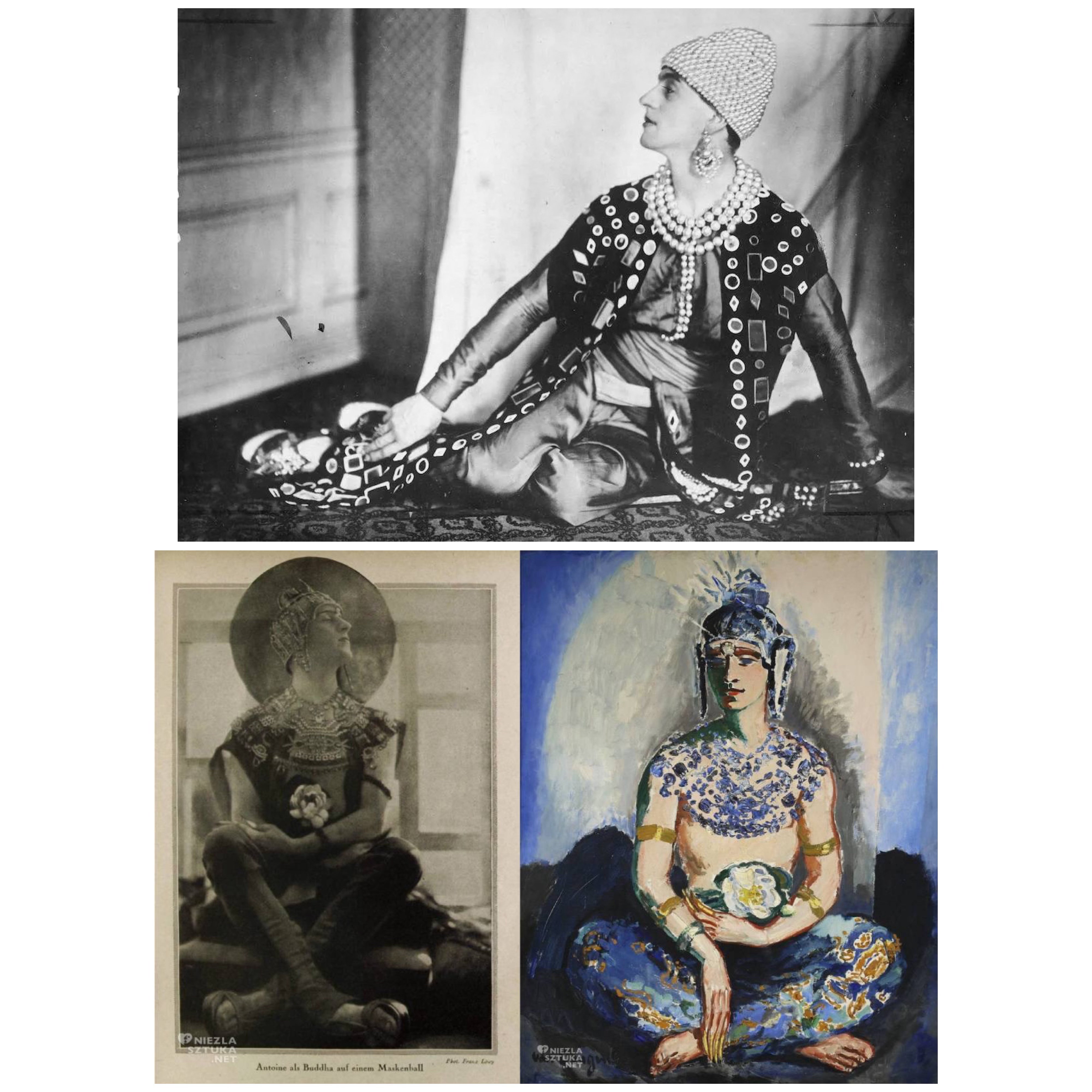 Man I theatrical designed garments. One of the three photos depicts the man in an oil painting I blue colors. The costume is of Oriental design.