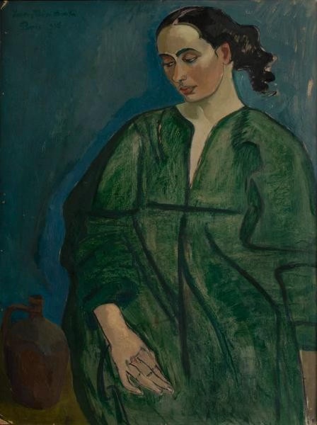 Oil painting of woman in a green dress.