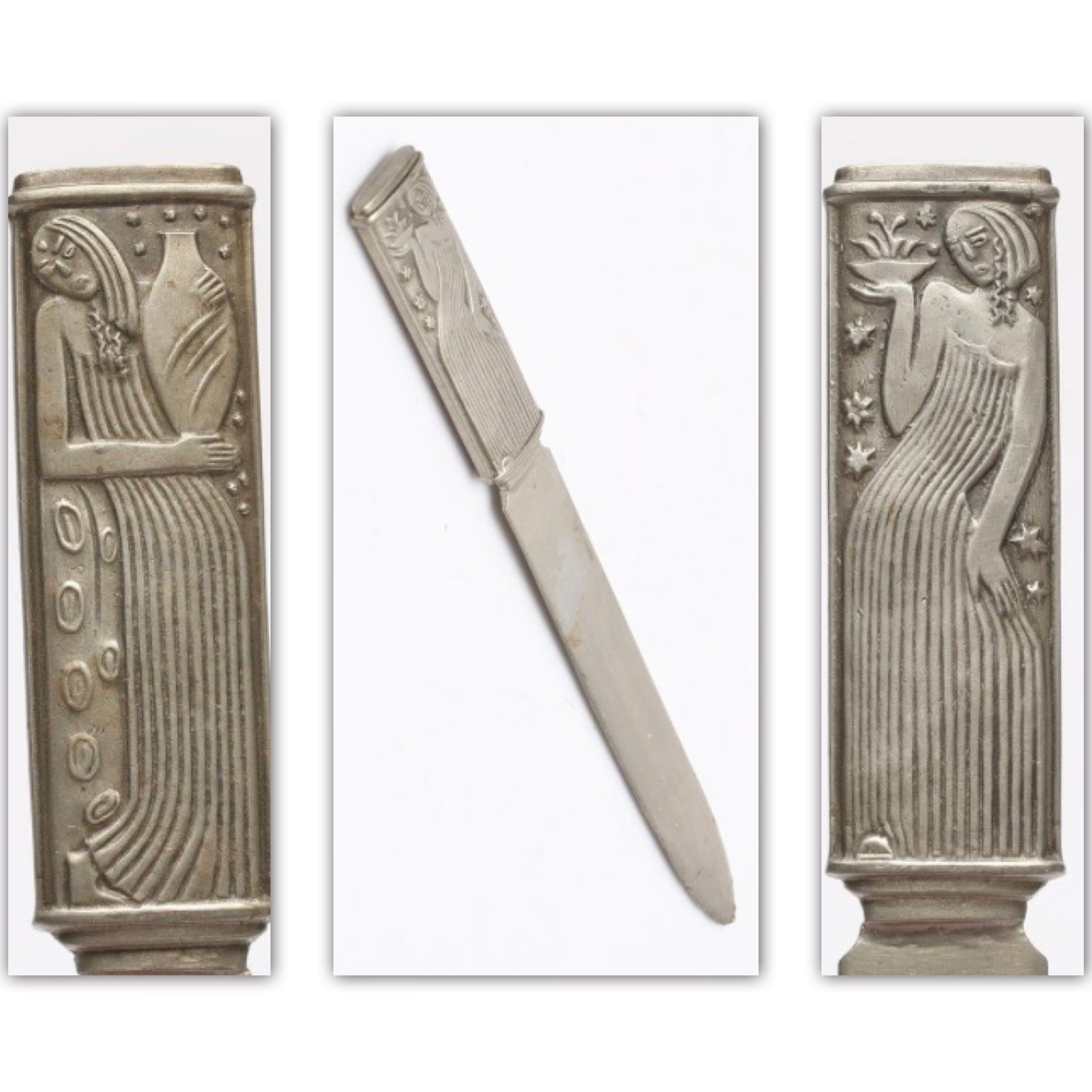 Metalwork envelope knife by Sylvia Stave from three different directions. Woman on handle.