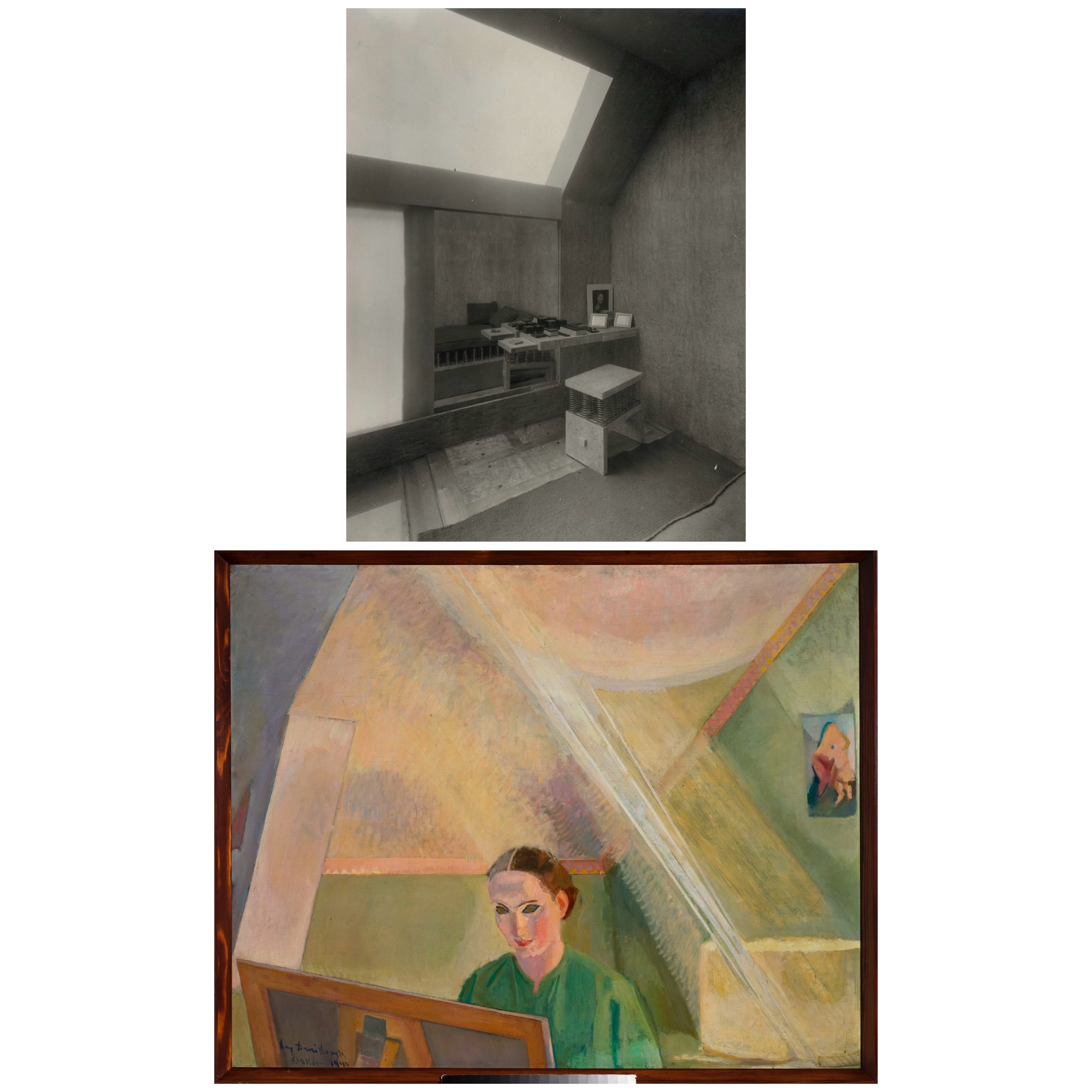 Studio with roof window, 1920s style, black and white photo. Oil painting in green nuances with woman apparently sitting in the studio in the first photo.