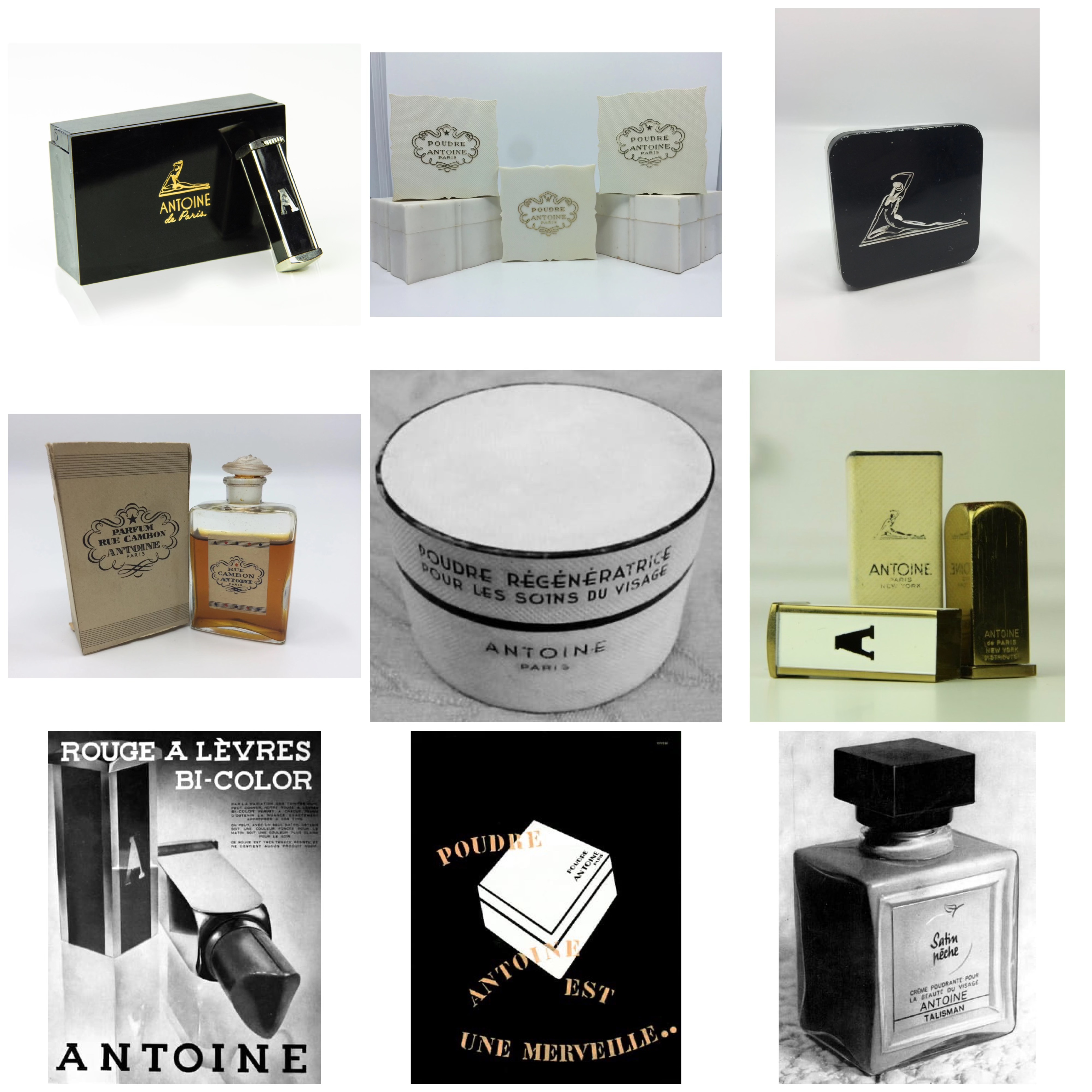 Nine different photos of cosmetics containers, perfume and soap. 1920s style.