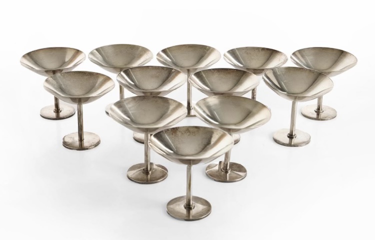 12 metalwork cocktail glasses by Sylvia Stave.