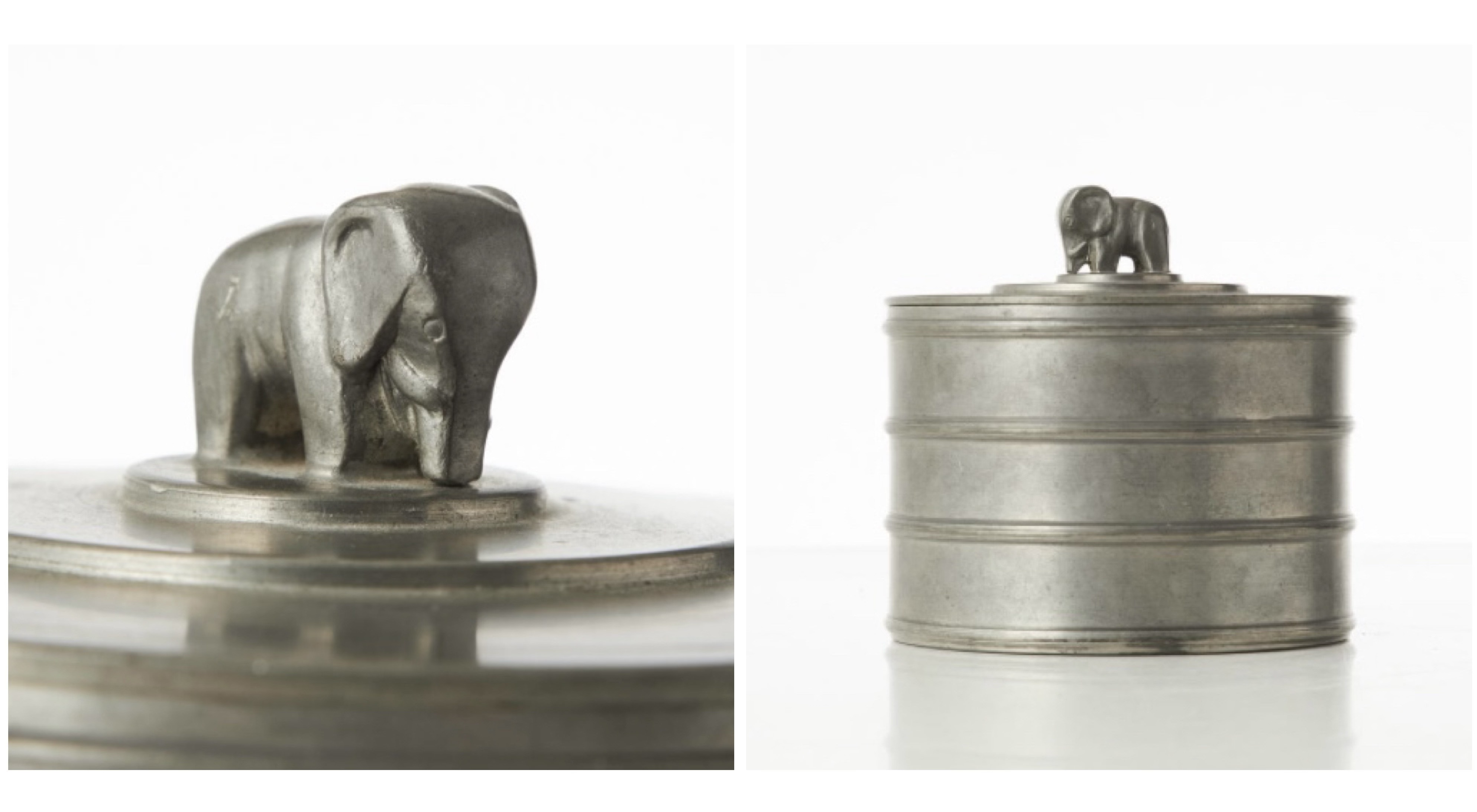 Two photos of metalwork tin jar by Sylvia Stave with elephant on the top lid.