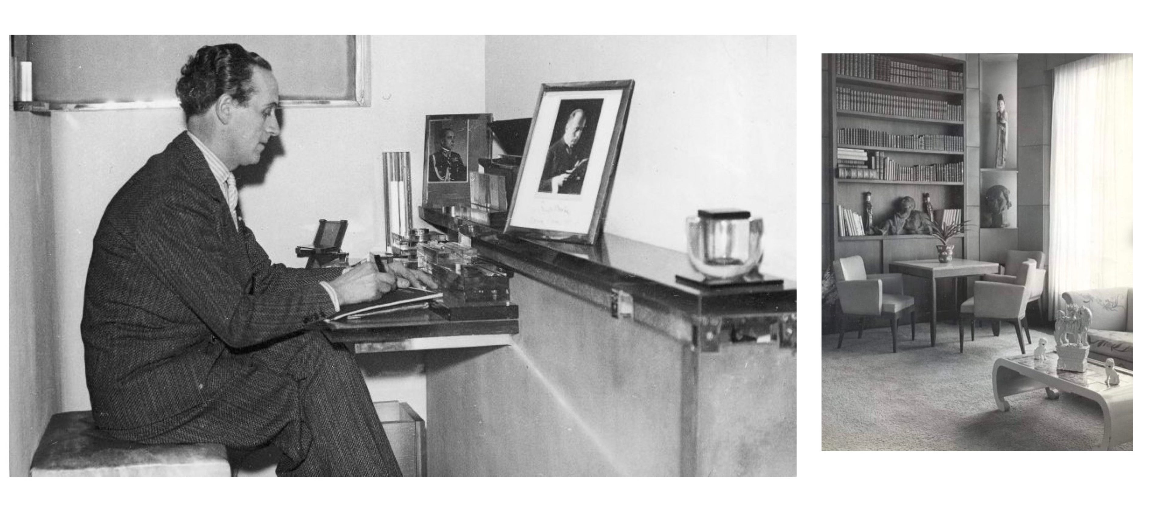 Man at desk and interior of office with a book case and an arm chair and a sofa with a coffee table at front of it. Black and white photos in 1920s style.