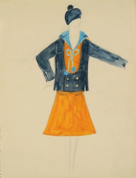Sketch of woman in sailor inspired dress design in 1920s style.