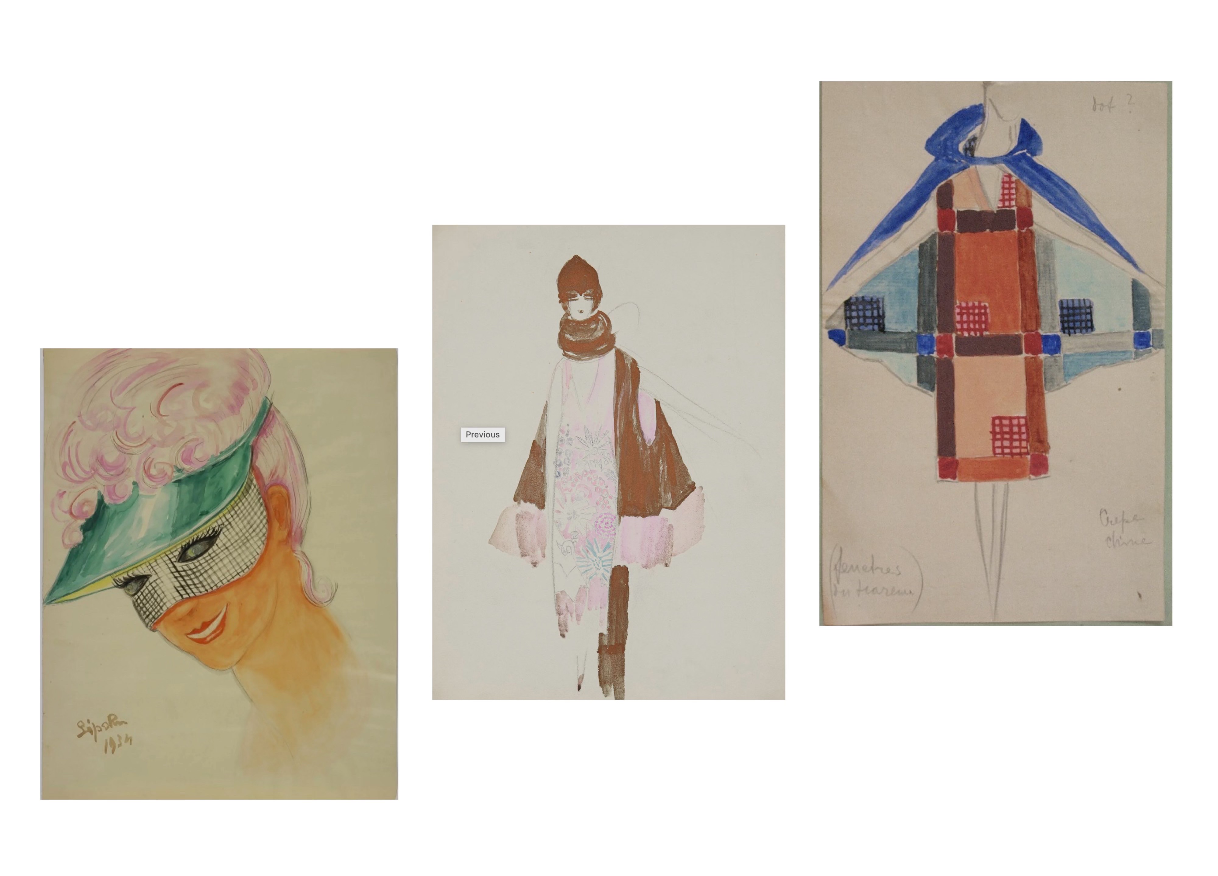 Three drawings of three different clothes designs.