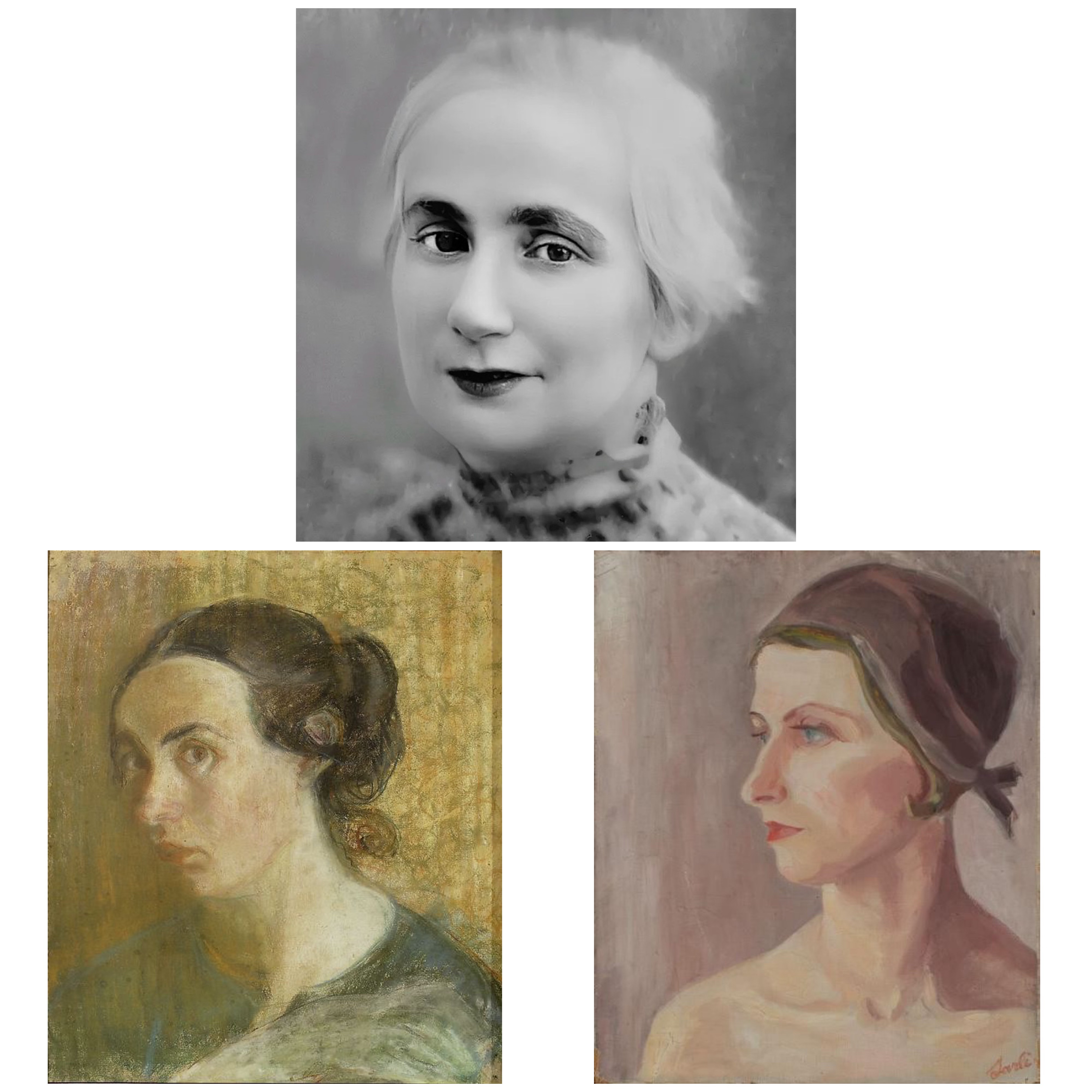 Black and white photo of Sara Lipska and two portraits in oil of Sara Lipska.