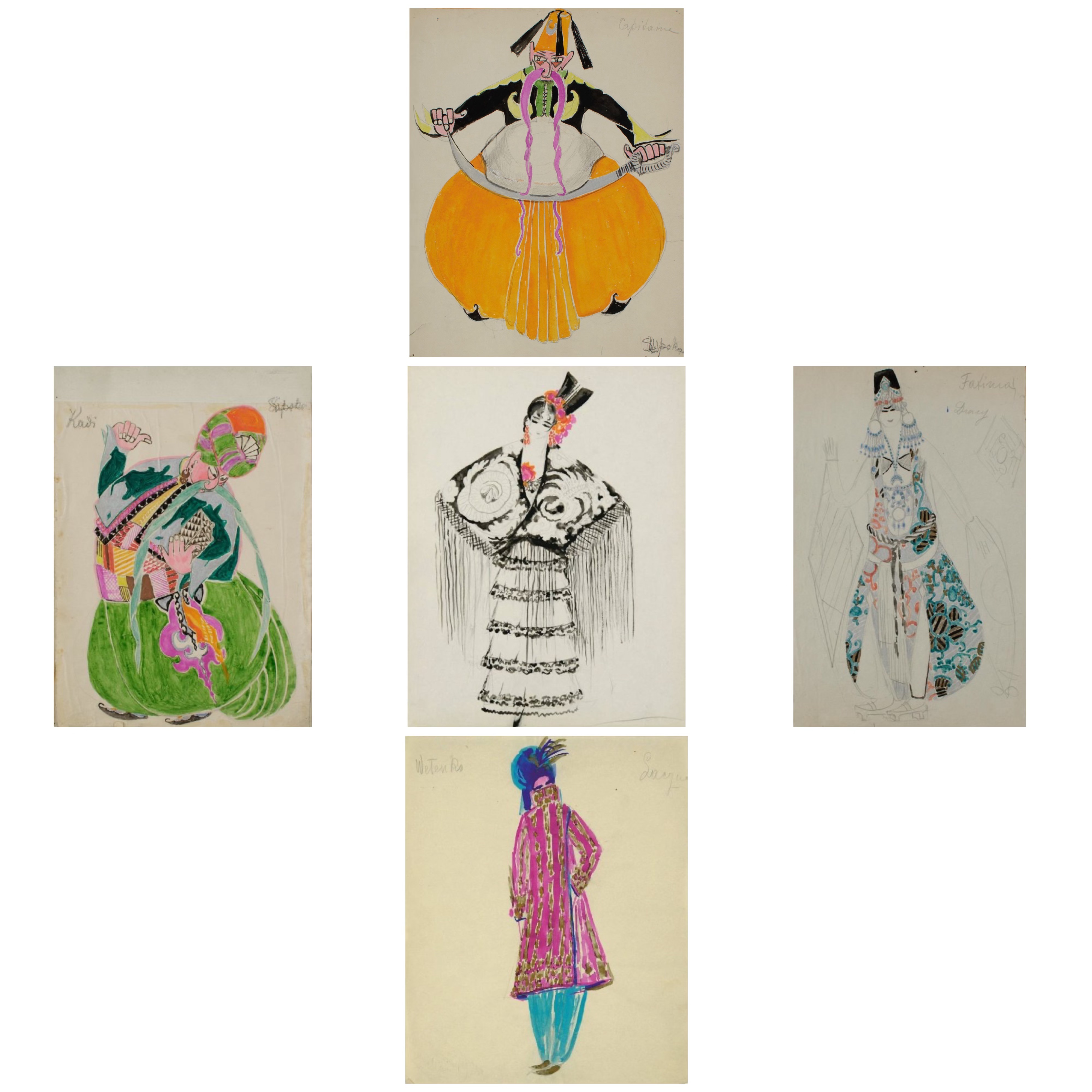 Five sketches of five different theatre costumes.