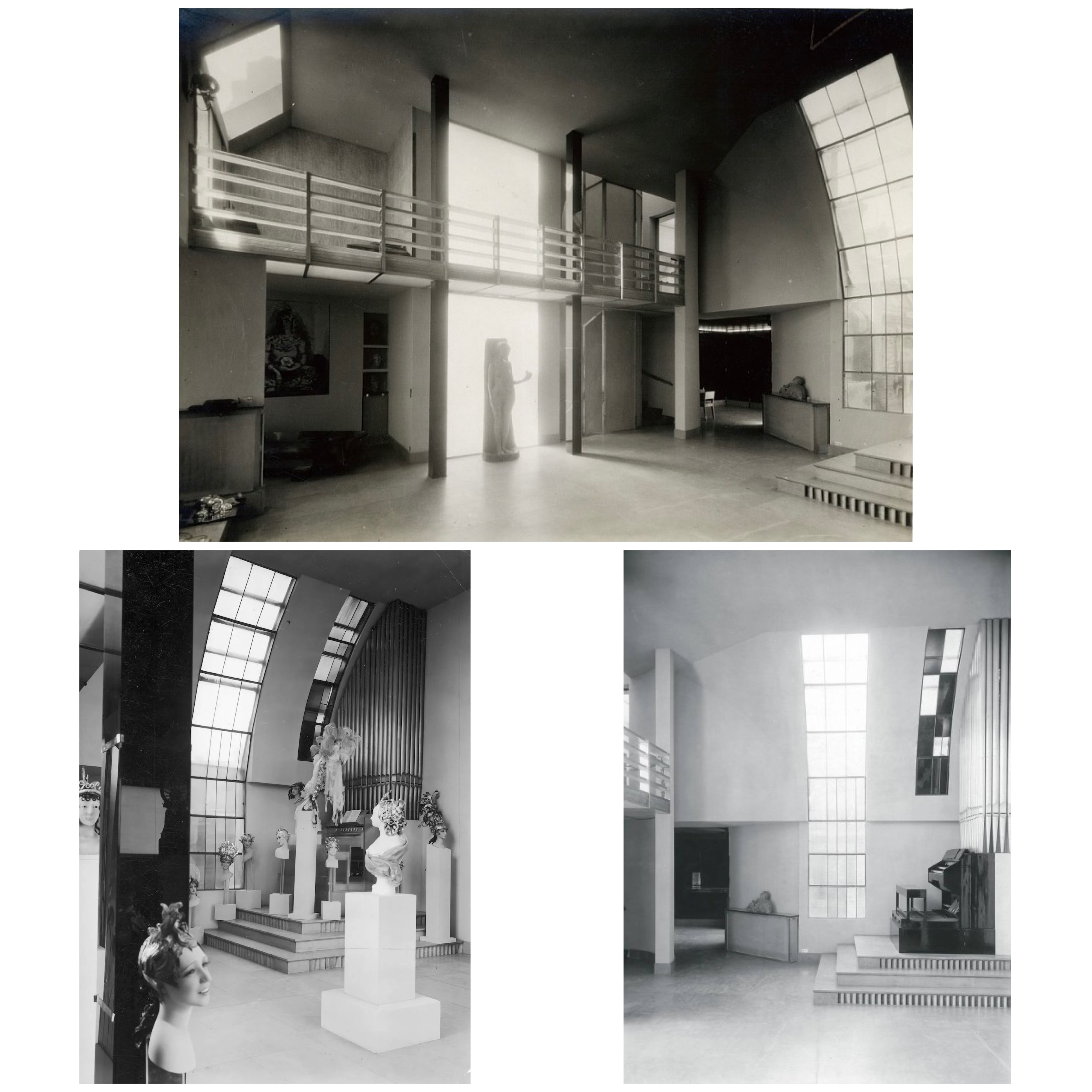 Huge, light filled hallway with arched ceiling. Big windows and a balcony. Style 1920s.