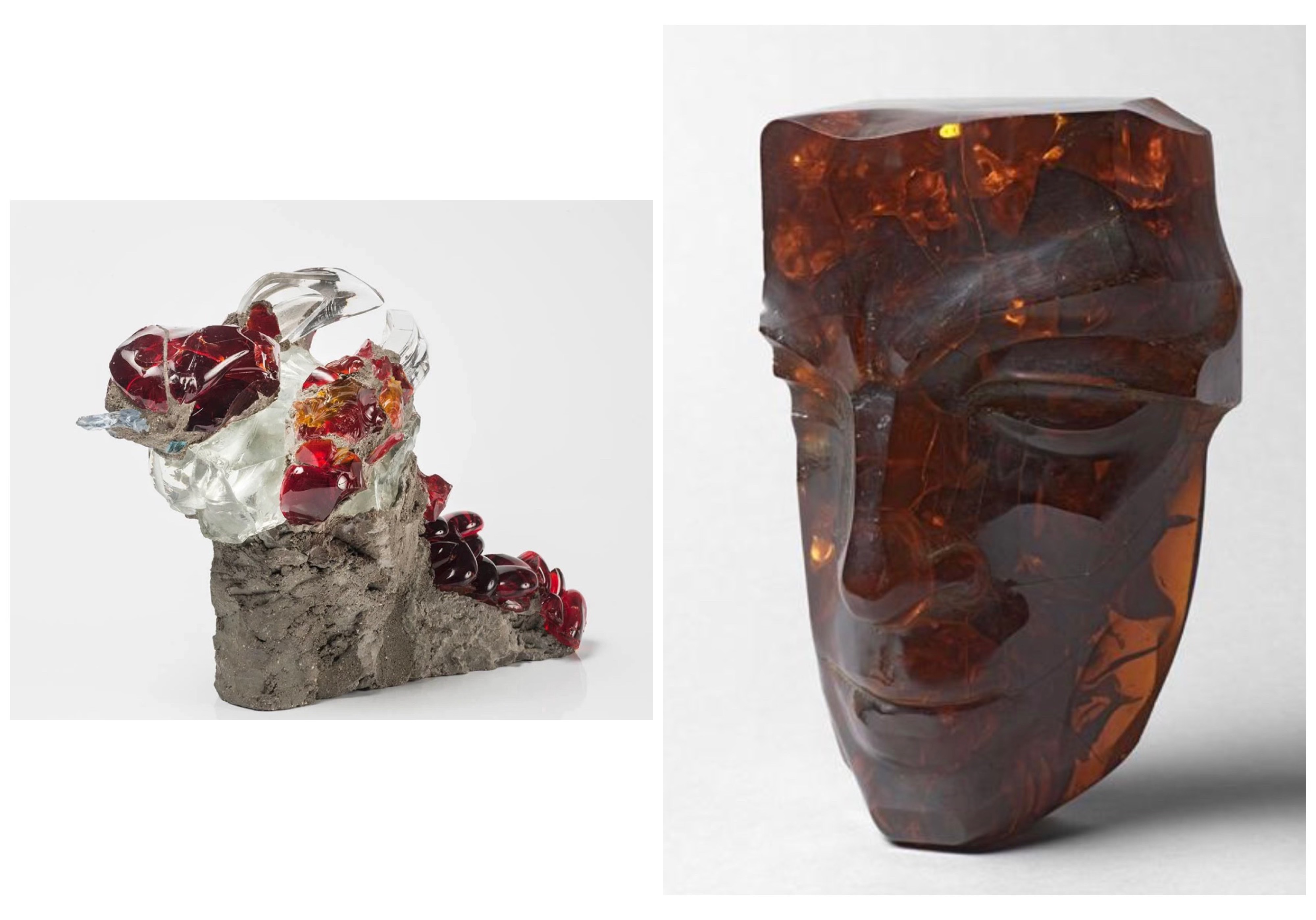Sculpture in glass and concrete looking like a bird and a masque in brown glass.