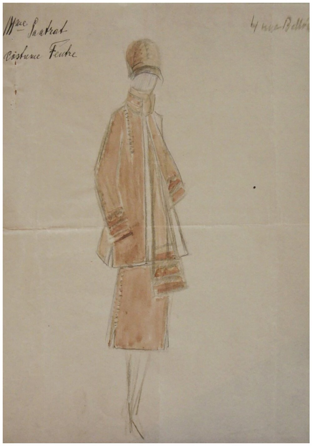 Sketch of woman in 1920s looking clothes. Beige hat and coat.