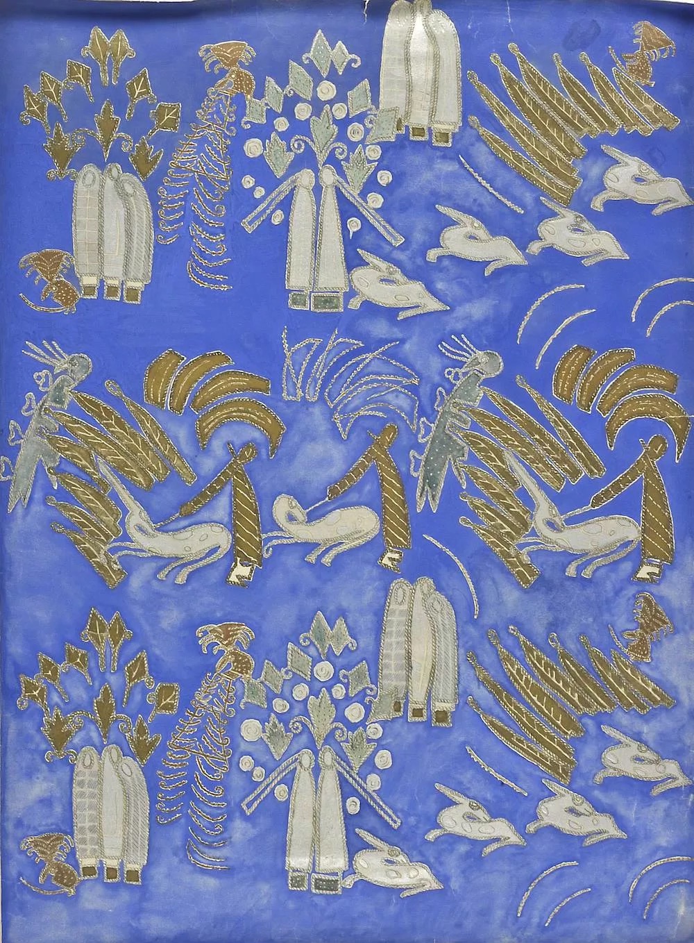 drawing with light, clear blue background with plants and people in gold and silver.