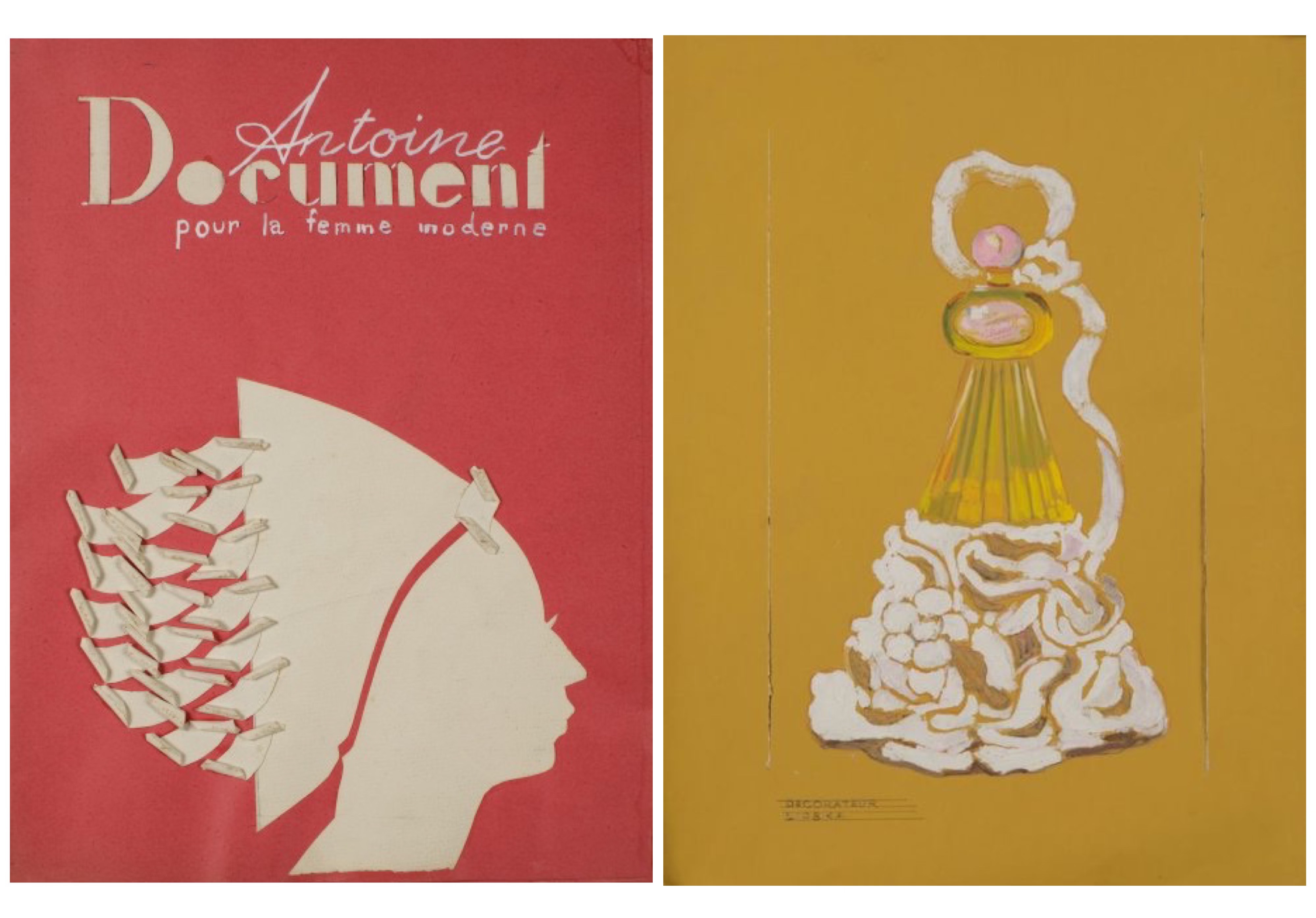 Magazine with red background and sketch of perfume bottle on yellow background.