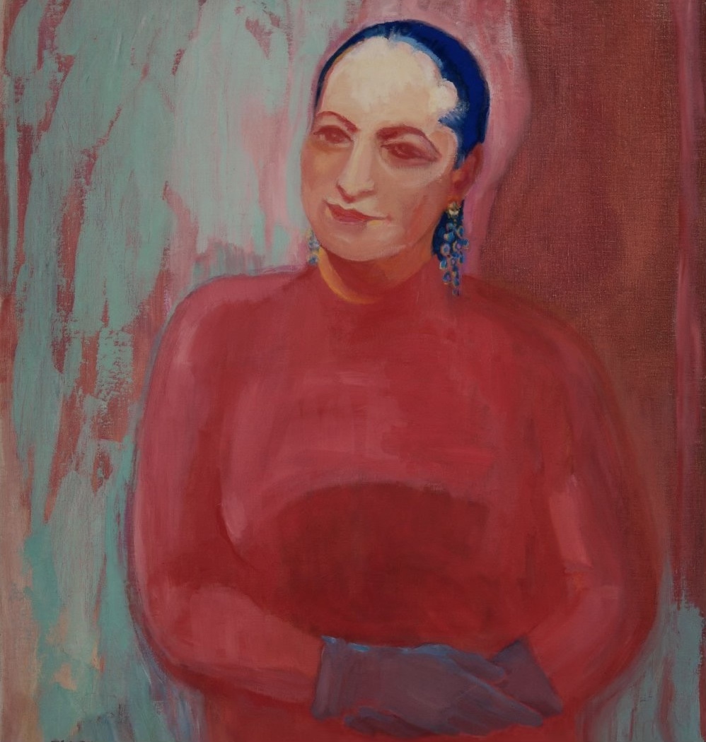 Oil painting of a woman in a red dress.